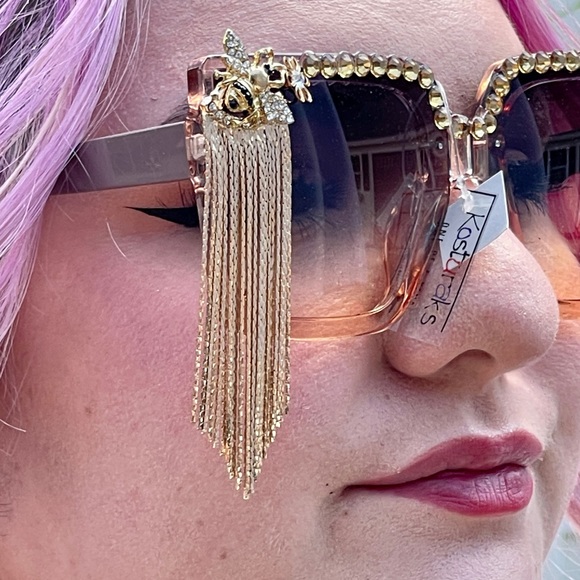 Handcrafted Unique Floral Rhinestone Chain Trim Sunglasses Festival Wear NWT - Picture 3 of 8